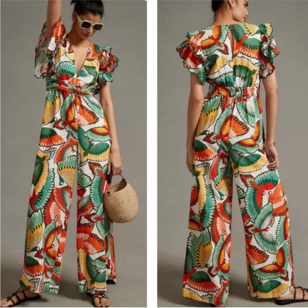 NWT FARM Rio Ruffle Sleeve Linen Jumpsuit